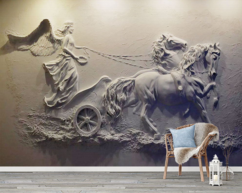 3D Melek Kanadı ve Atlı Duvar Kağıdı