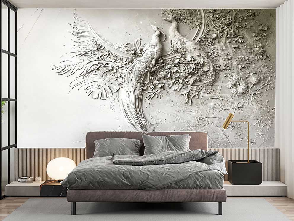 3D Kabartmalı Kuş ve Çiçek Desenli Dekoratif Duvar Posteri - Görsel 2