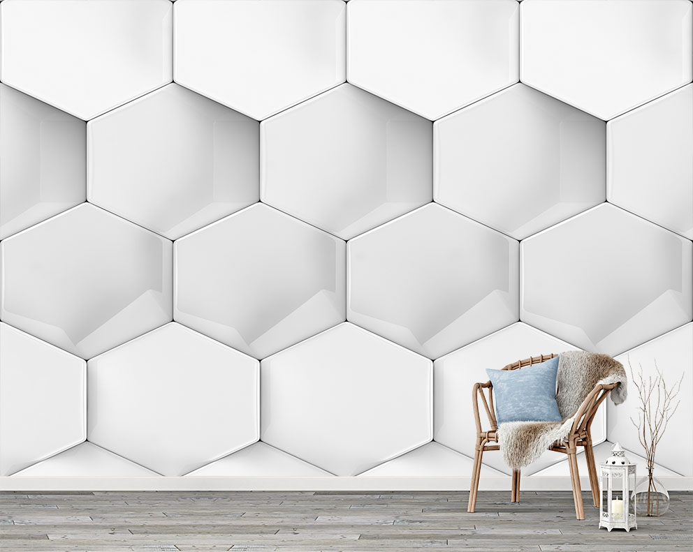 Geometrik Altıgen Desenli Beyaz Renkli Duvar Kağıdı