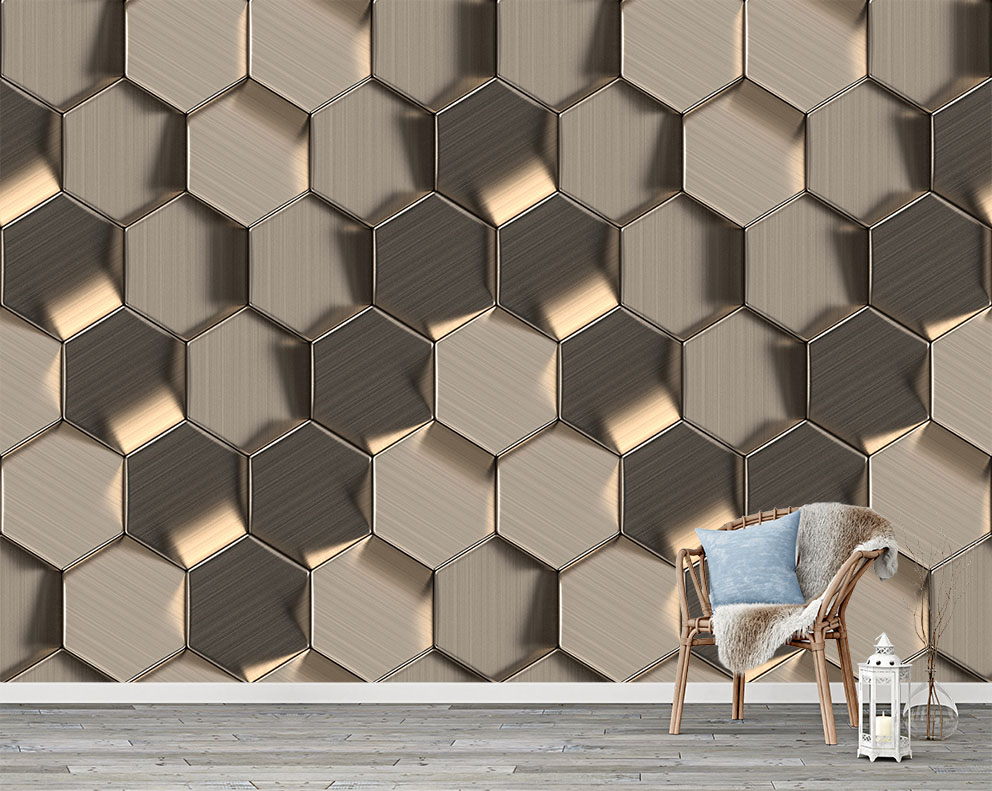Geometrik Altıgen Desenli Gold Renkli Duvar Kağıdı