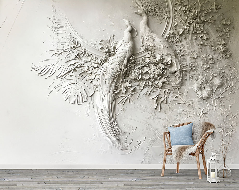 3D Kabartmalı Kuş ve Çiçek Desenli Dekoratif Duvar Posteri