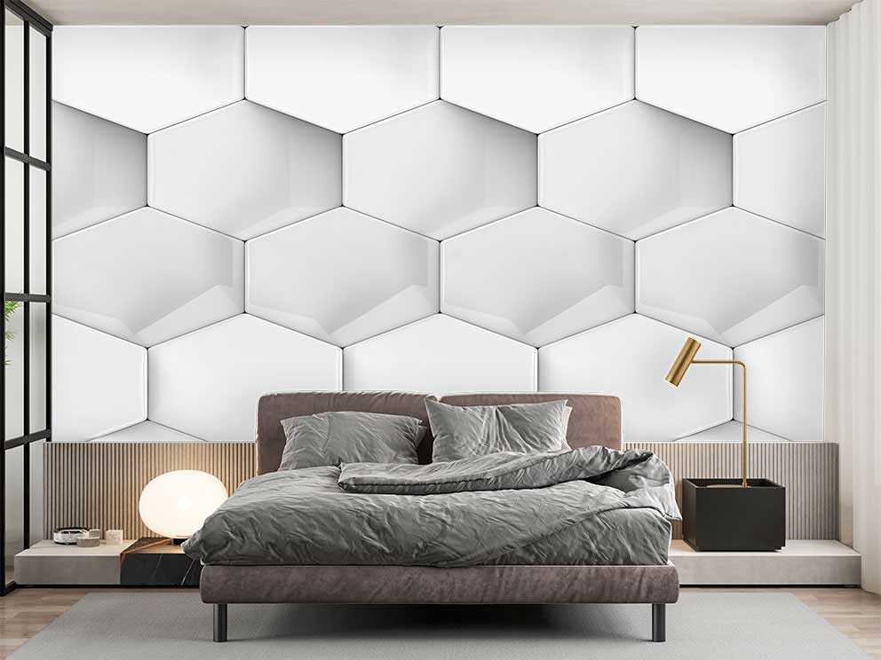 Geometrik Altıgen Desenli Beyaz Renkli Duvar Kağıdı - Görsel 2