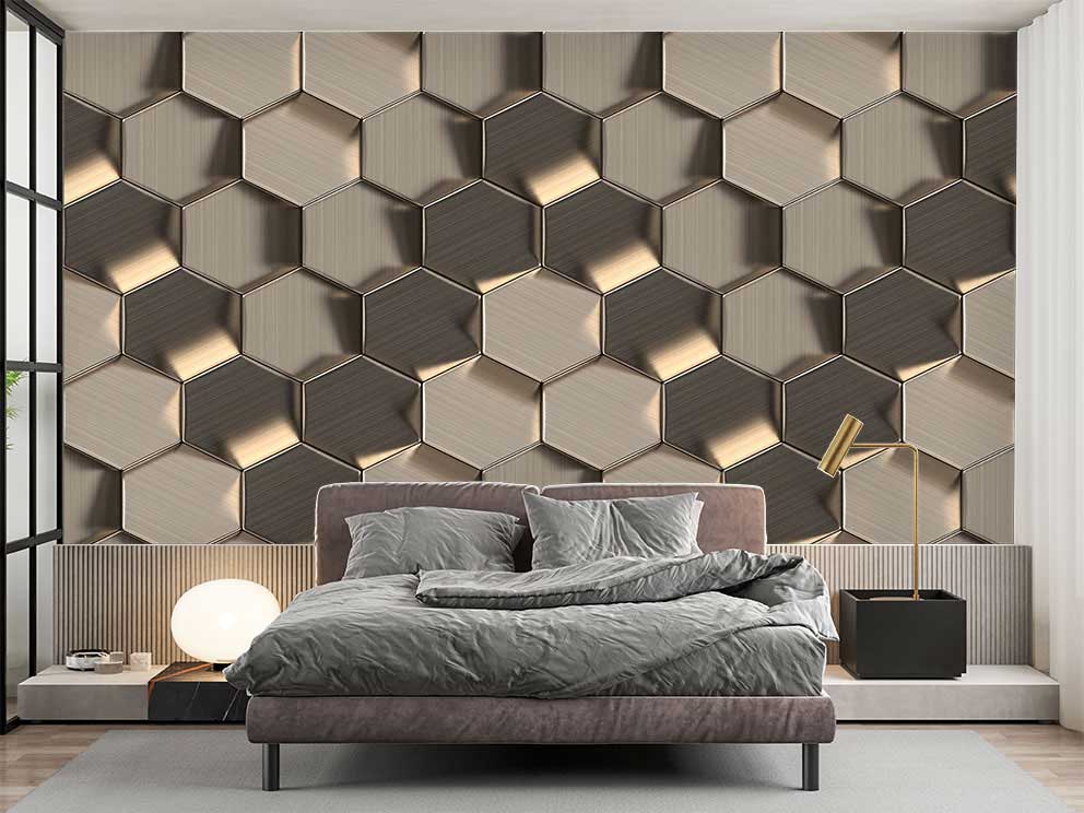 Geometrik Altıgen Desenli Gold Renkli Duvar Kağıdı - Görsel 2