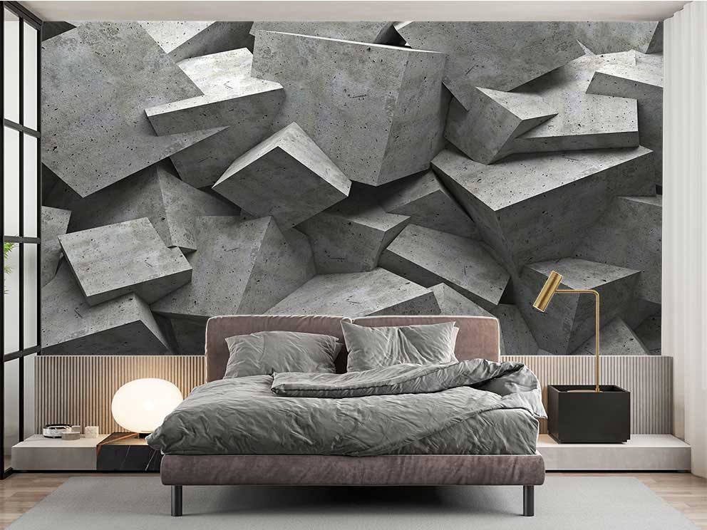 Üç Boyutlu Beton Blok İllüzyonu Duvar Kağıdı – Modern İç Mekan Tasarımı