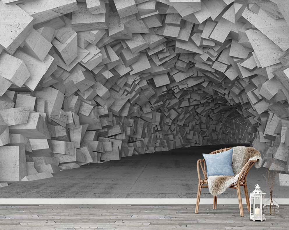 Üç Boyutlu Geometrik Blok Tasarımlı Modern Duvar Kağıdı