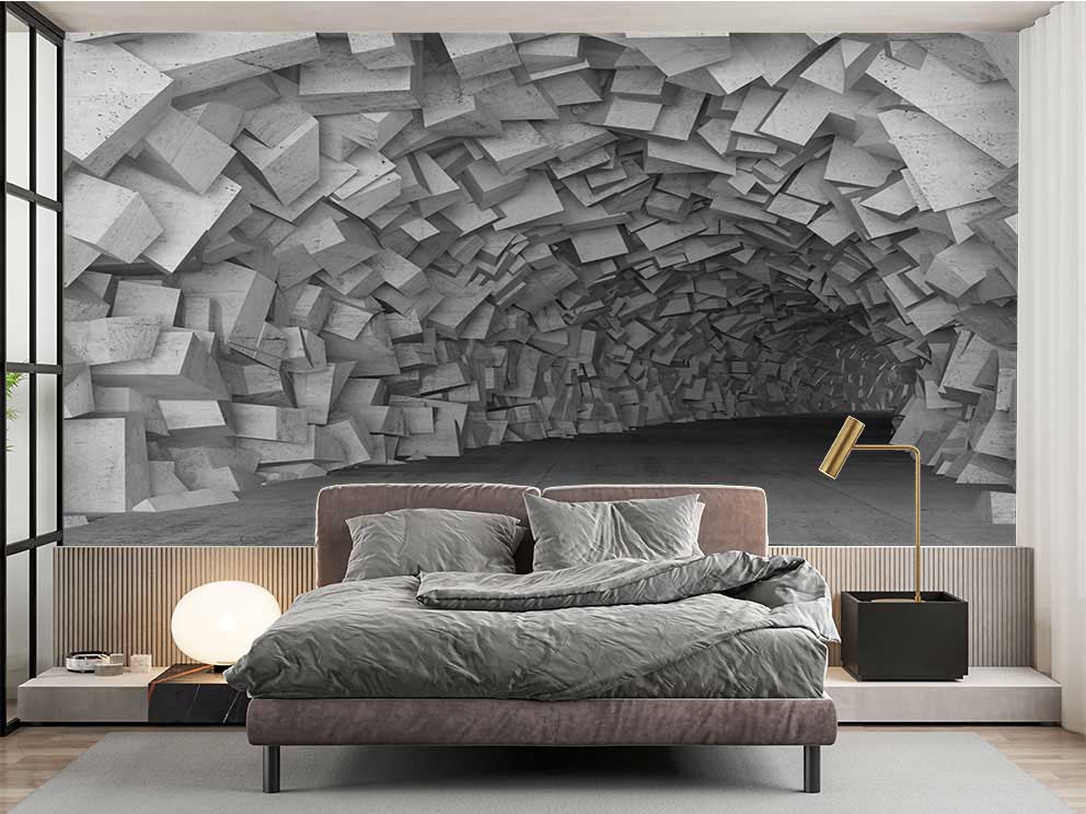 Üç Boyutlu Geometrik Blok Tasarımlı Modern Duvar Kağıdı