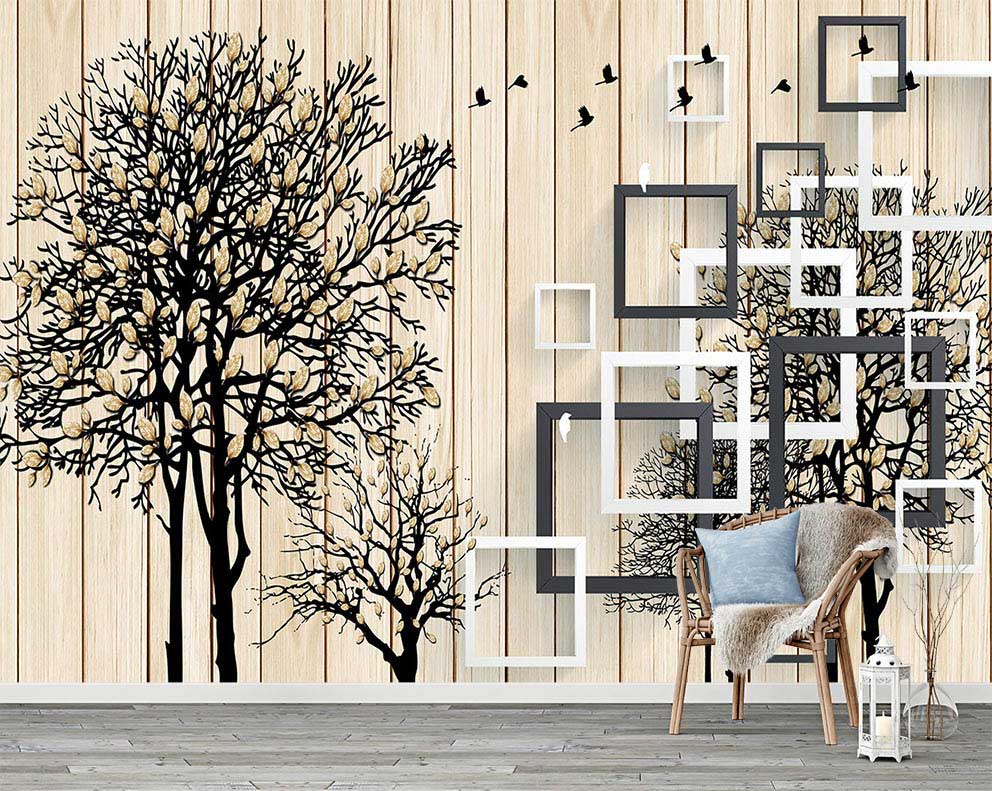 Doğal Ahşap Desenli 3D Ağaçlı Poster Duvar Kağıdı -