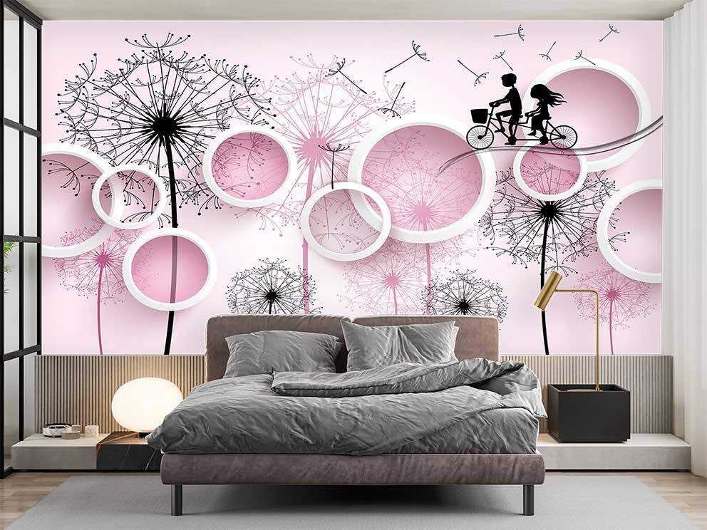3D Karahindiba ve Bisikletli Çift Desenli Poster Duvar Kağıdı - Görsel 2