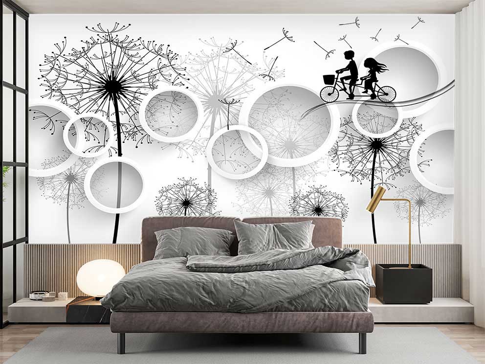 3D Karahindiba ve Bisikletli Çift Desenli Poster Duvar Kağıdı - Görsel 2