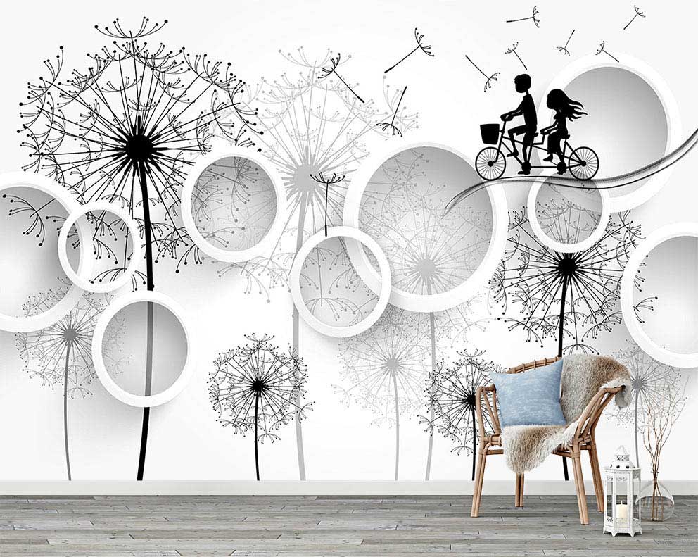 3D Karahindiba ve Bisikletli Çift Desenli Poster Duvar Kağıdı