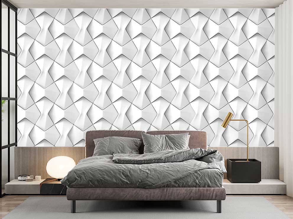 3D Beyaz Geometrik Desenli Duvar Kağıdı - Görsel 2