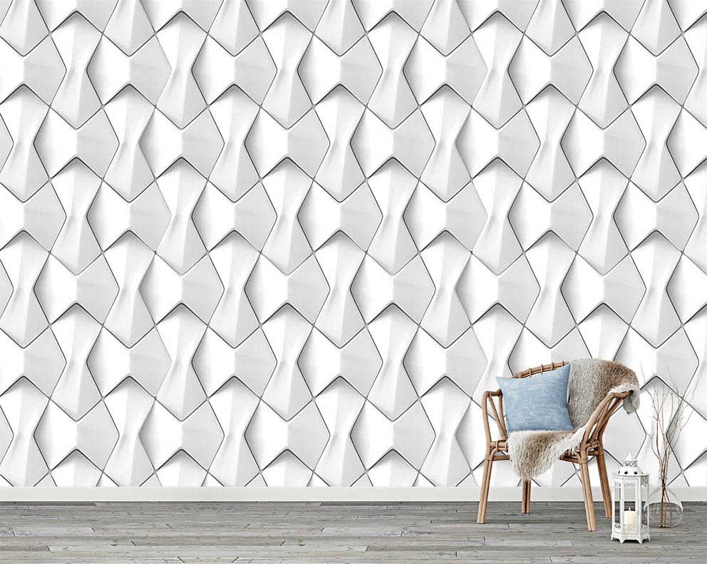 3D Beyaz Geometrik Desenli Duvar Kağıdı
