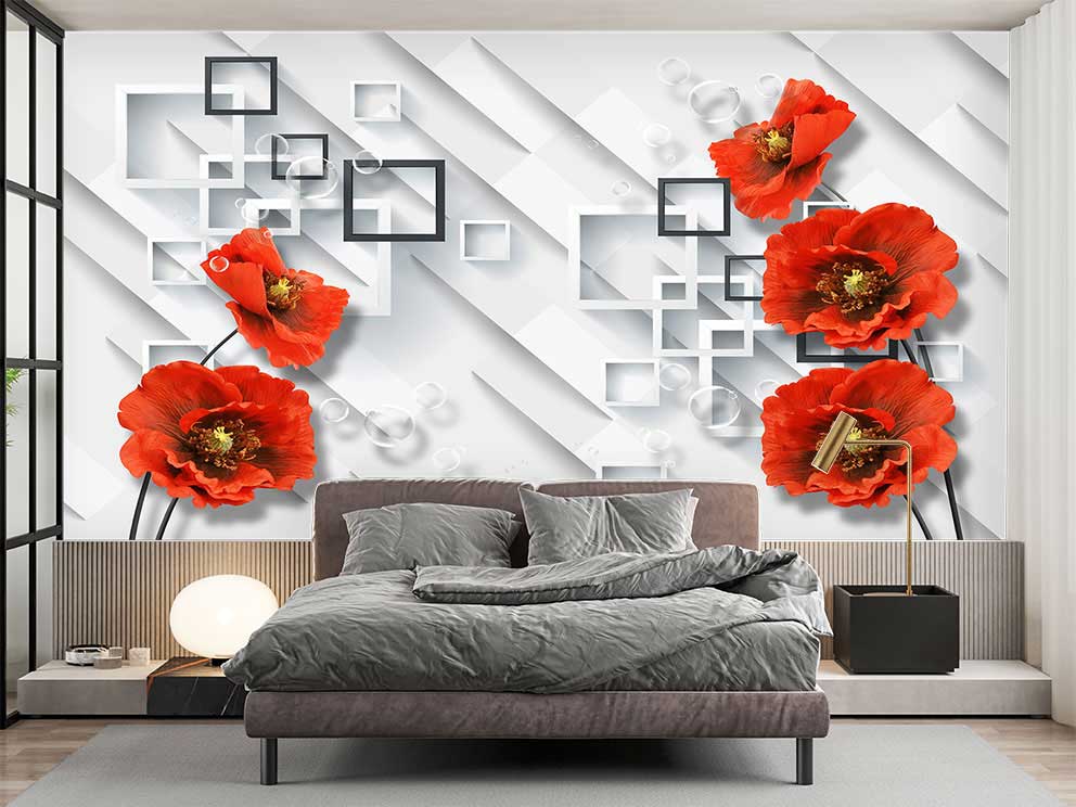 3D Geometrik Desenli Kırmızı Çiçekli Duvar Kağıdı - Görsel 2