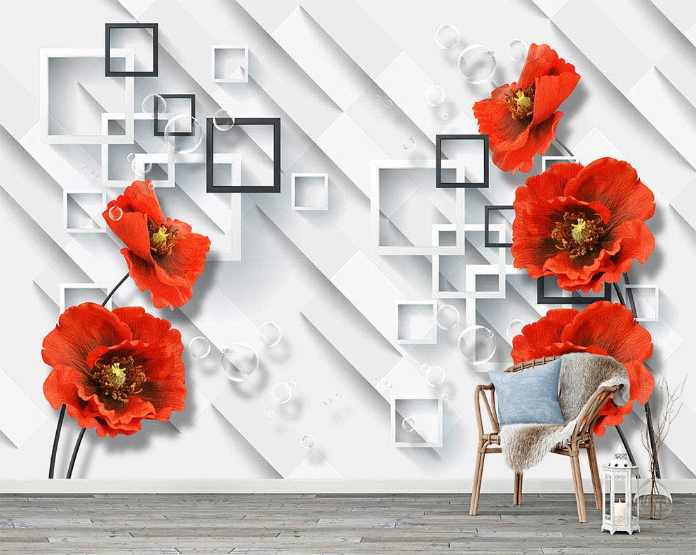 3D Geometrik Desenli Kırmızı Çiçekli Duvar Kağıdı