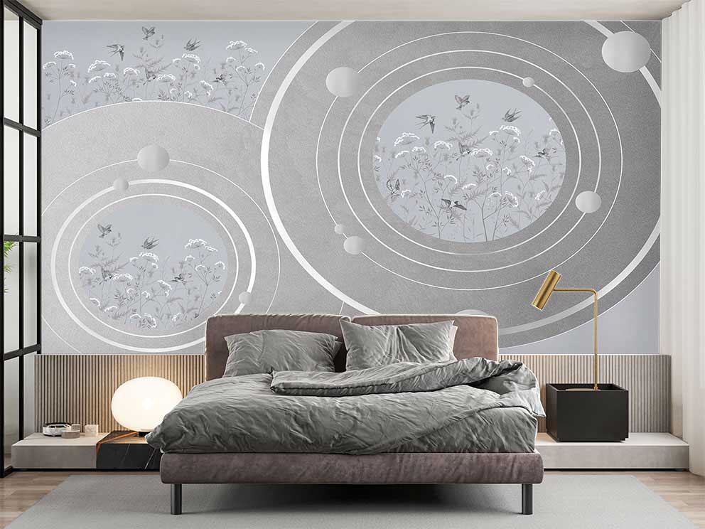 3D Gri Geometrik ve Çiçek Desenli Duvar Kağıdı - Görsel 2