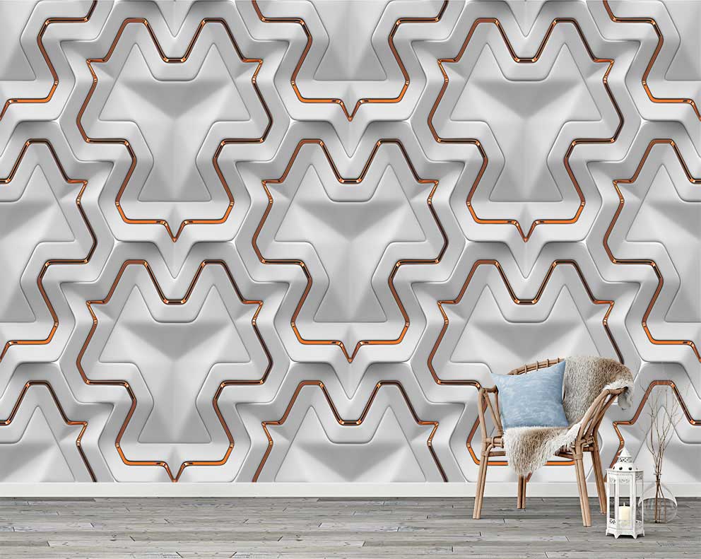 Bronz Çizgili 3D Geometrik Duvar Kağıdı – Modern ve Şık İç Mekan Dekorasyonu