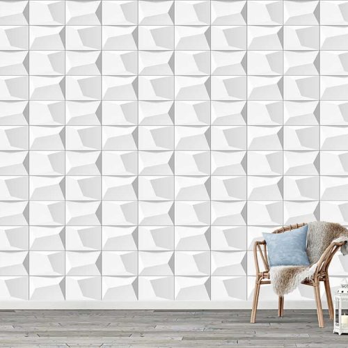 Üç Boyutlu Geometrik Desenli Beyaz Duvar Kağıdı – Modern ve Şık Tasarım