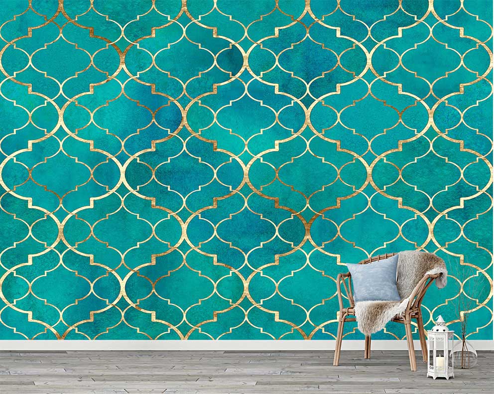 Geometrik Desenli Turkuaz ve Altın Renk Özel Üretim Duvar Kağıdı