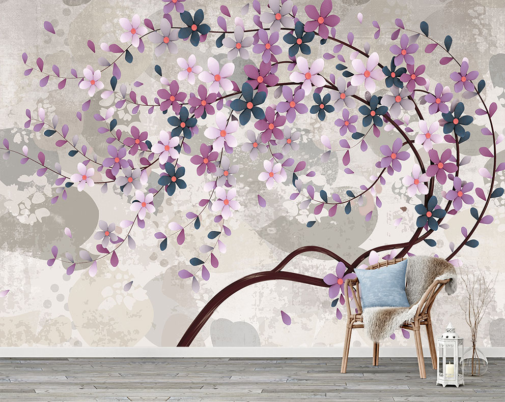 3D Sakura Çiçek Ağacı İskandinav Modern Duvar Kağıdı