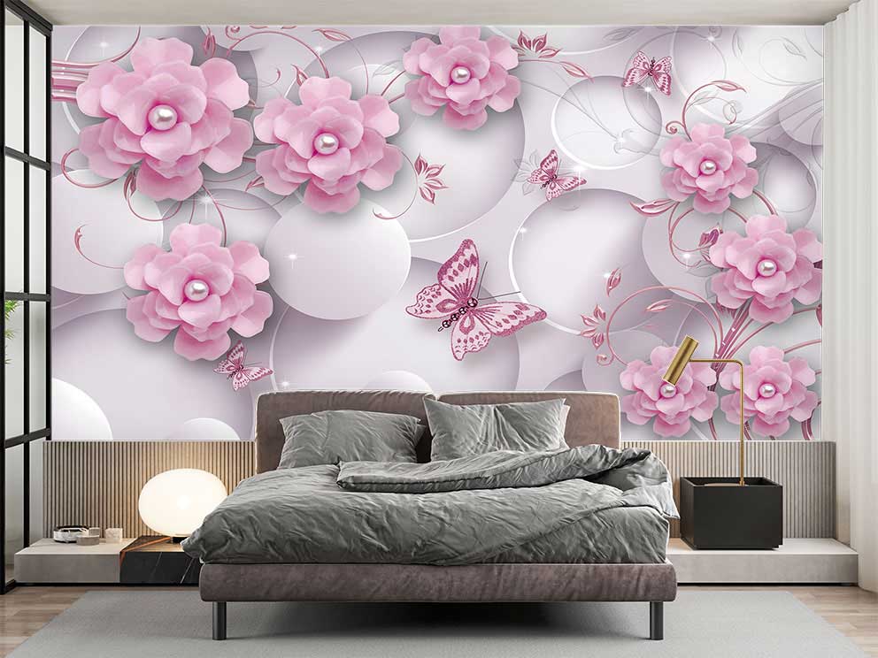 Romantik Pembe Çiçek ve Kelebek Desenli Duvar Kağıdı - Görsel 2