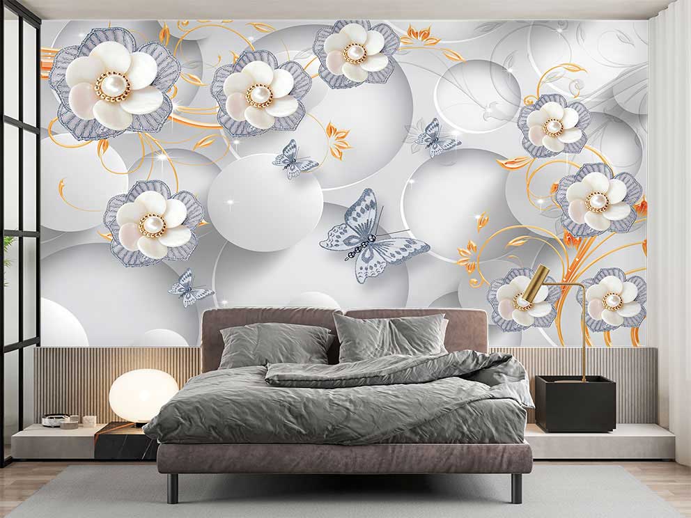 Kelebek ve Çiçek Desenli Modern Duvar Kağıdı - Görsel 2