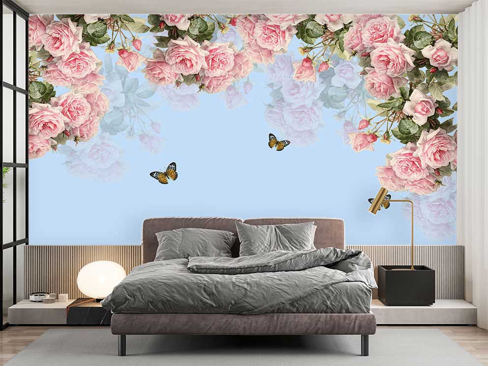 Romantik Gül ve Kelebek Desenli Duvar Kağıdı - Görsel 2
