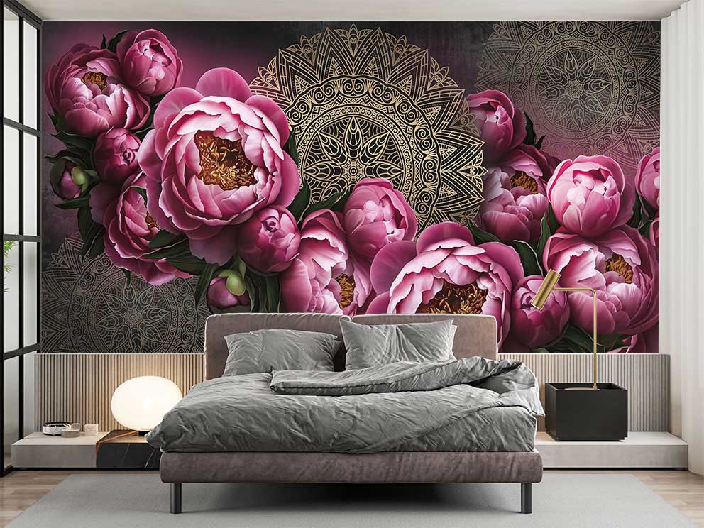Pembe Peoni ve Mandala Desenli Duvar Kağıdı - Görsel 2