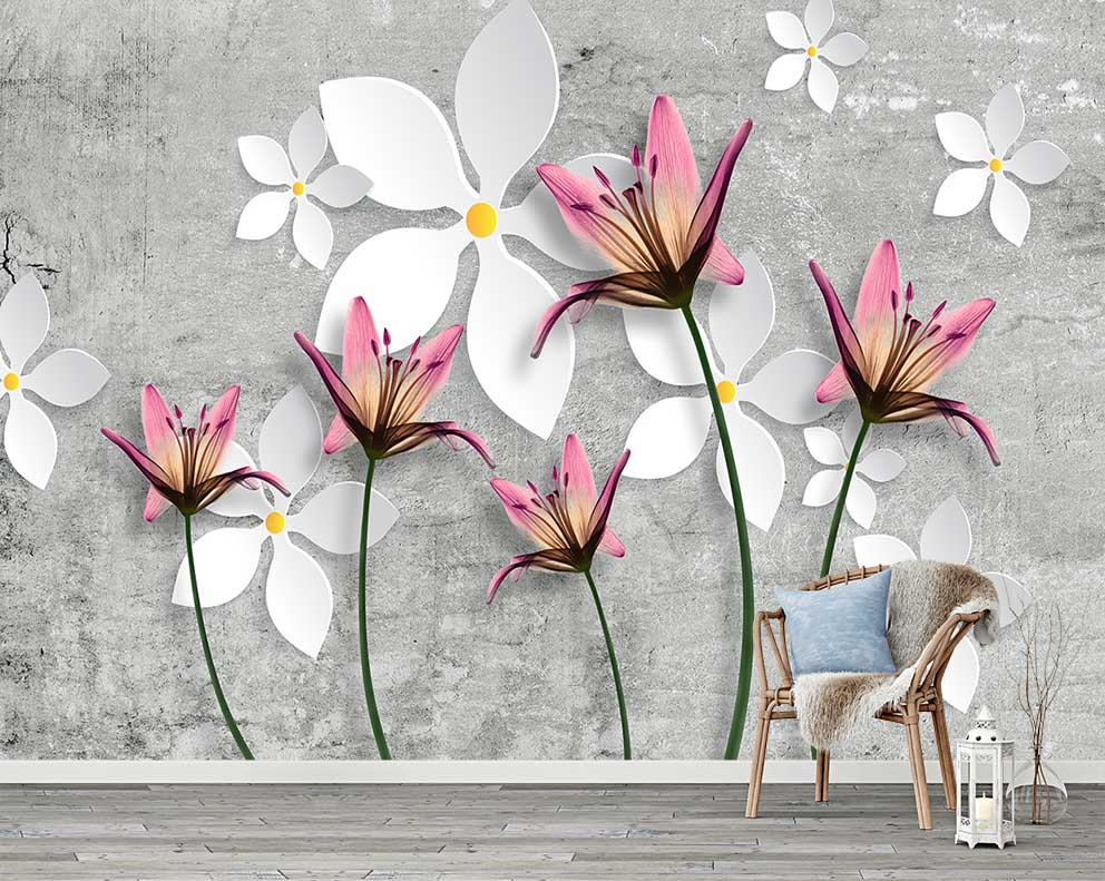 Beton Arka Plan Üzerinde 3D Çiçek Desenli Poster Duvar Kağıdı