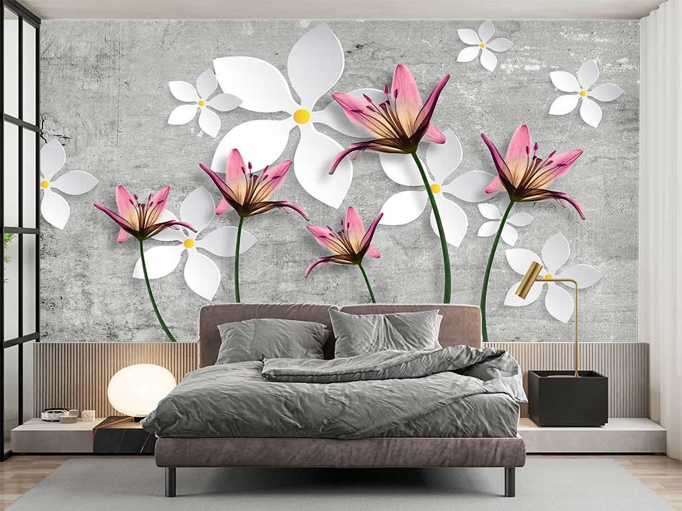 Beton Arka Plan Üzerinde 3D Çiçek Desenli Poster Duvar Kağıdı - Görsel 2