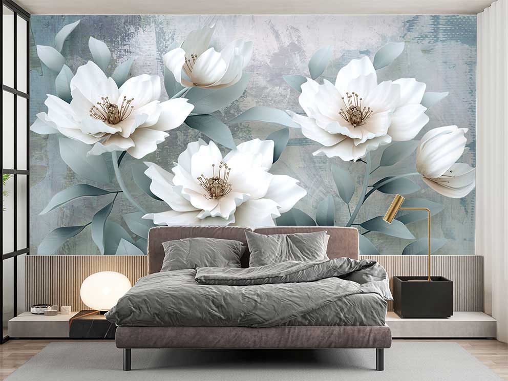 Mavi ve Gri Tonlarında Büyük Magnolia Desenli Duvar Kağıdı