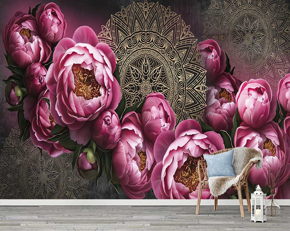 Pembe Peoni ve Mandala Desenli Duvar Kağıdı