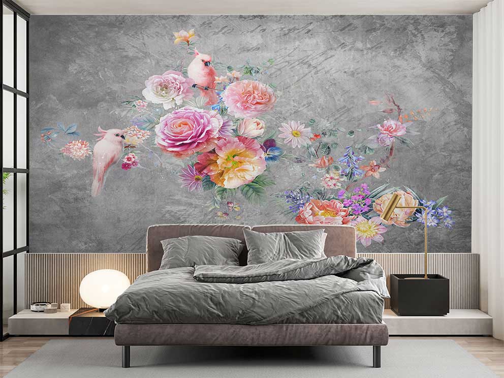 Beton Arka Plan Üzerinde Kuş ve Çiçek Desenli Poster Duvar Kağıdı - Görsel 2