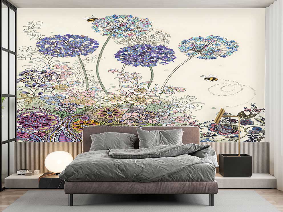 Renkli Çiçek Desenleri ve Arı Motifli Dekoratif Duvar Kağıdı - Görsel 2
