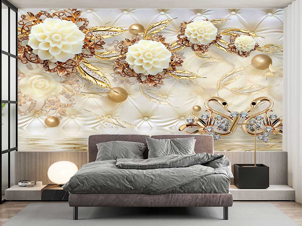 Altın Yaprak ve İnci Detaylı Beyaz Çiçek Desenli Poster Duvar Kağıdı - Görsel 2