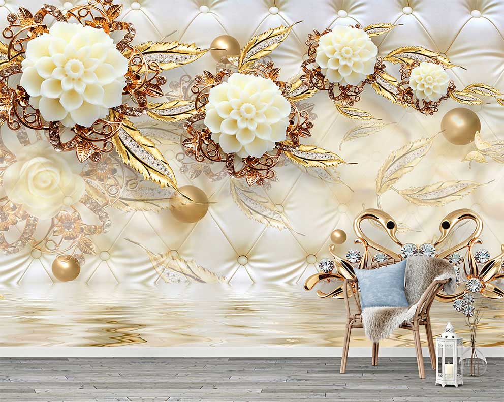 Altın Yaprak ve İnci Detaylı Beyaz Çiçek Desenli Poster Duvar Kağıdı