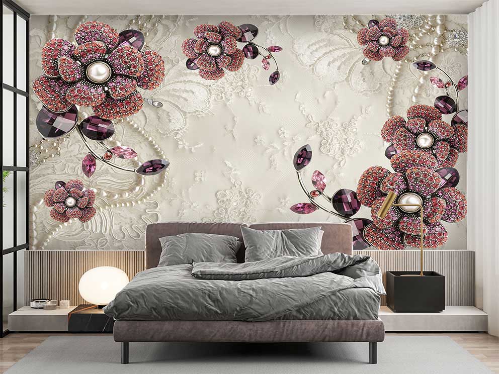 Zarif Kristal ve İnci Detaylı Çiçek Desenli Poster Duvar Kağıdı - Görsel 2