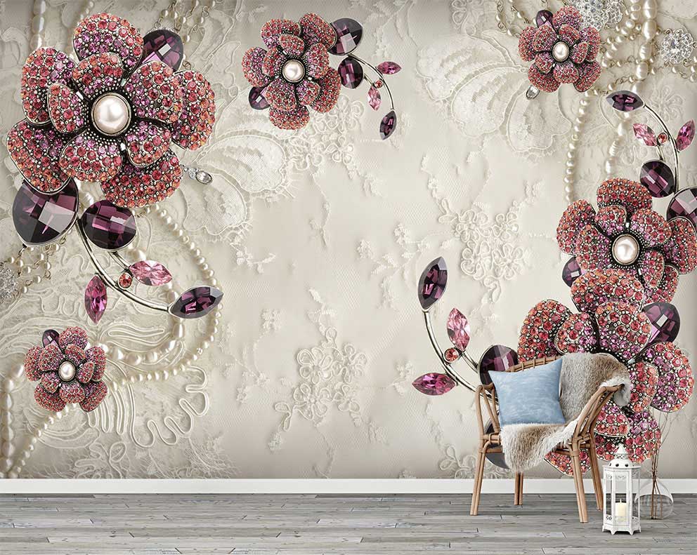 Zarif Kristal ve İnci Detaylı Çiçek Desenli Poster Duvar Kağıdı