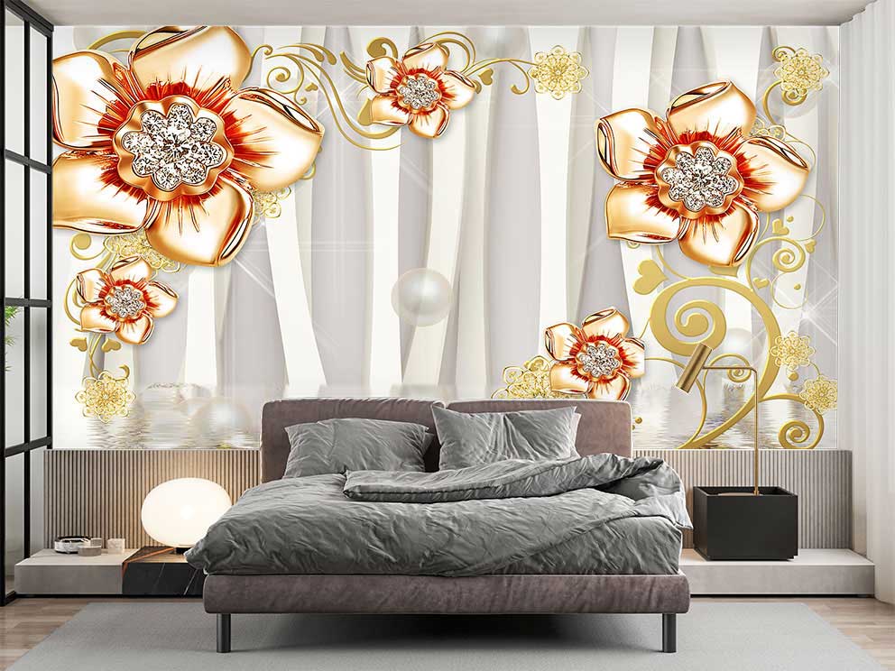 Altın Rengi Çiçek Desenli Lüks Poster Duvar Kağıdı - Görsel 2