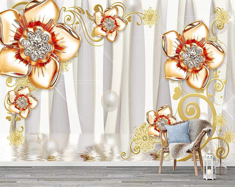 Altın Rengi Çiçek Desenli Lüks Poster Duvar Kağıdı