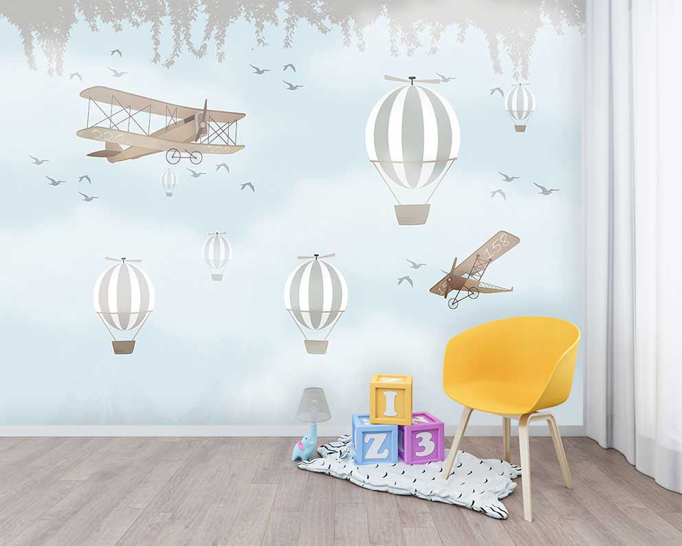 Uçak ve Balonlar Çocuk Odası Duvar Kağıdı