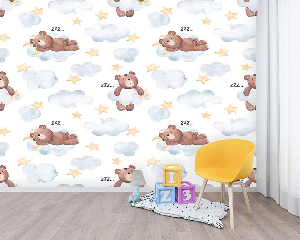 Bulutlarda Uyuyan Ayıcık Desenli Çocuk Odası Poster Duvar Kağıdı