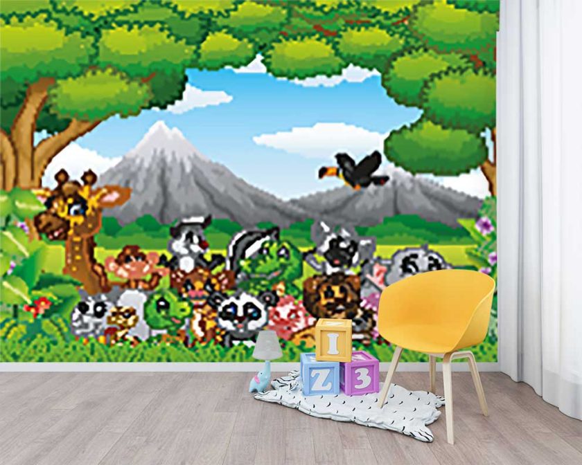8-Bit Piksel Hayvanlar Temalı Çocuk Odası Poster Duvar Kağıdı