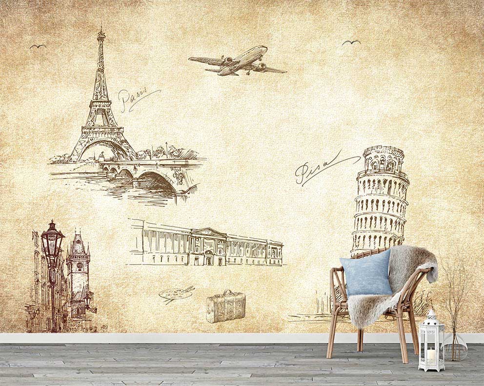 Paris ve Pisa Temalı Retro Seyahat Duvar Kağıdı