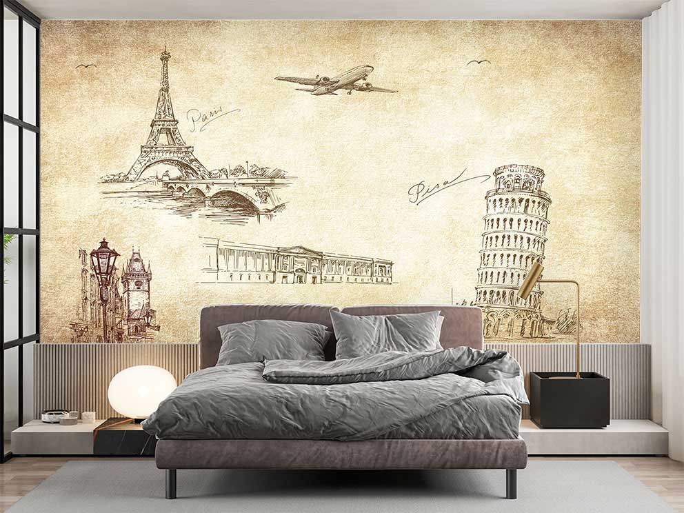 Paris ve Pisa Temalı Retro Seyahat Duvar Kağıdı - Görsel 2