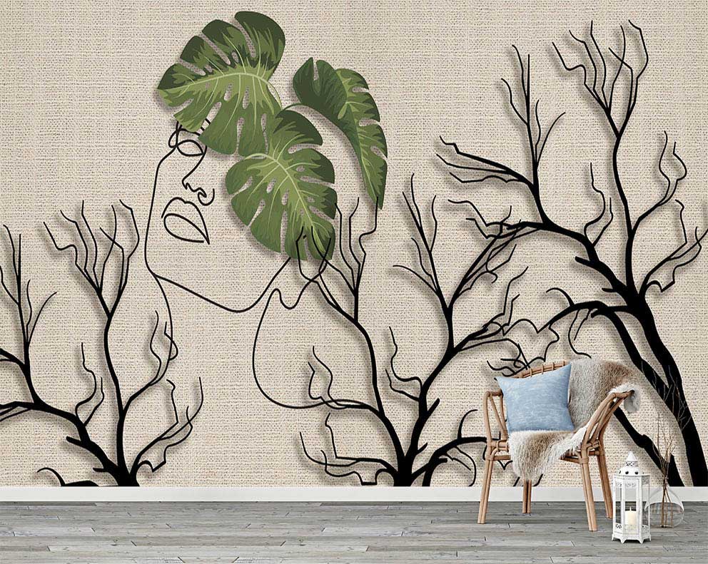 Monstera Yaprağı ve Yüz Silueti Temalı Duvar Kağıdı