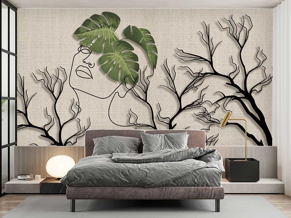 Monstera Yaprağı ve Yüz Silueti Temalı Duvar Kağıdı - Görsel 2