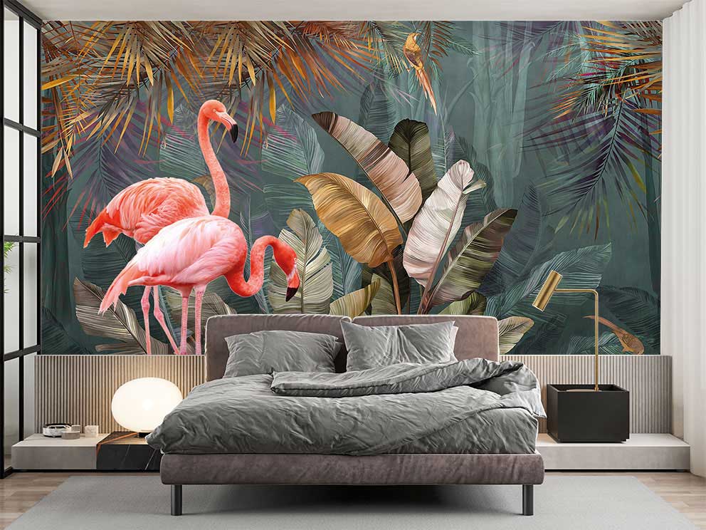 Tropikal Flamingo ve Palmiye Desenli Duvar Kağıdı