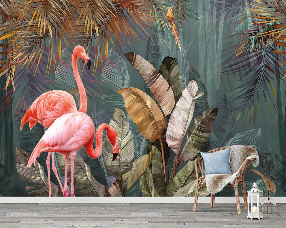 Tropikal Flamingo ve Palmiye Desenli Duvar Kağıdı