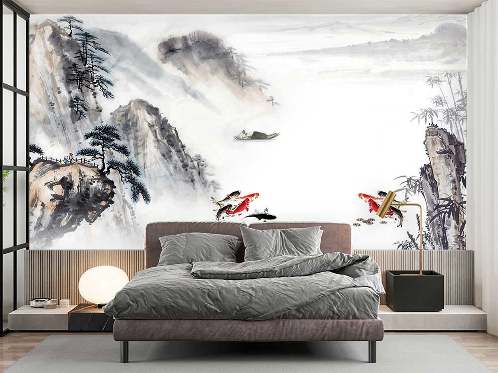 Poster Duvar Kağıdı - Geleneksel Sanat Tarzında Sisli Dağlar ve Balıkçı Tasarımı - Görsel 2