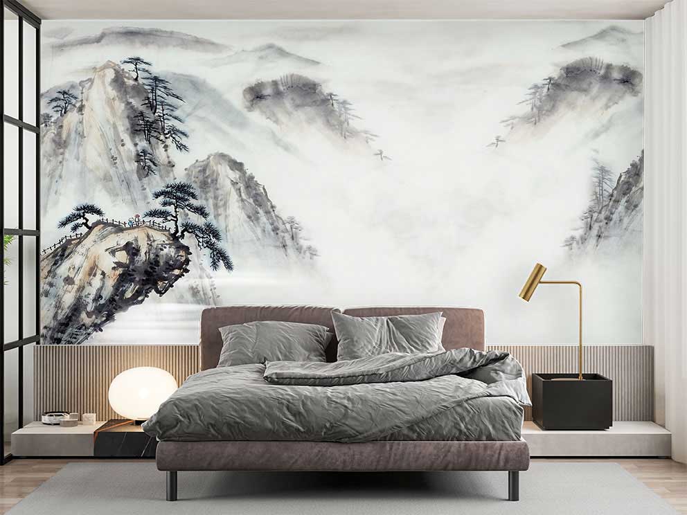 Poster Duvar Kağıdı - Sisli Dağlar ve Geleneksel Sanat Tarzı Tasarımı - Görsel 2